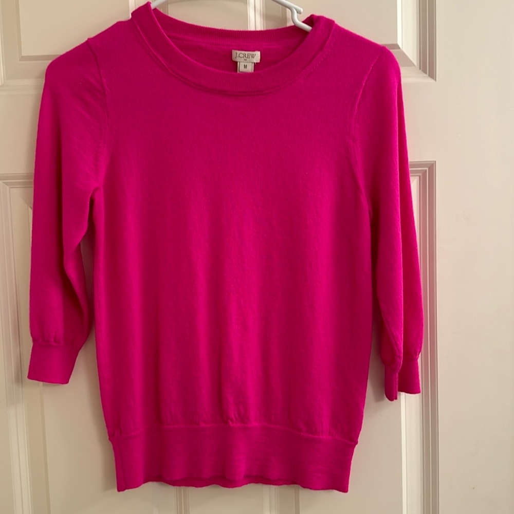 J. Crew 3/4 sleeve in fuchsia. 100% merino wool.